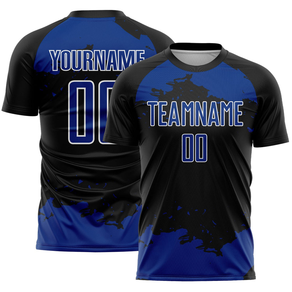 Custom Black Royal-White Abstract Fragment Art Sublimation Soccer Uniform Jersey