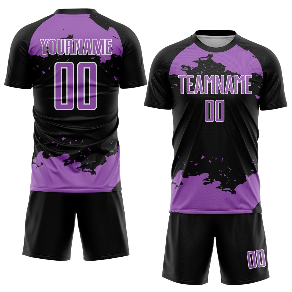 Custom Black Medium Purple-White Abstract Fragment Art Sublimation Soccer Uniform Jersey