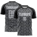 Custom Black Gray-White Geometric Arrow Sublimation Soccer Uniform Jersey