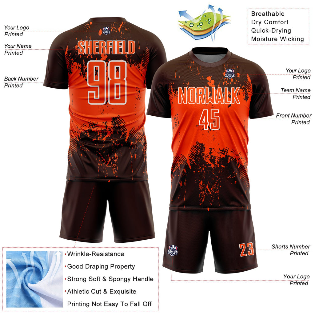 Custom Brown Orange-White Abstract Splatter Grunge Art Sports Sublimation Soccer Uniform Jersey