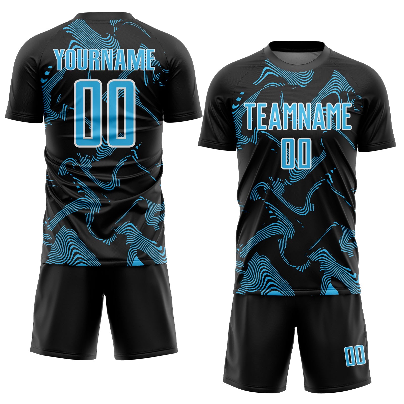 Custom Black Sky Blue-White Curve Lines Sports Sublimation Soccer Uniform Jersey