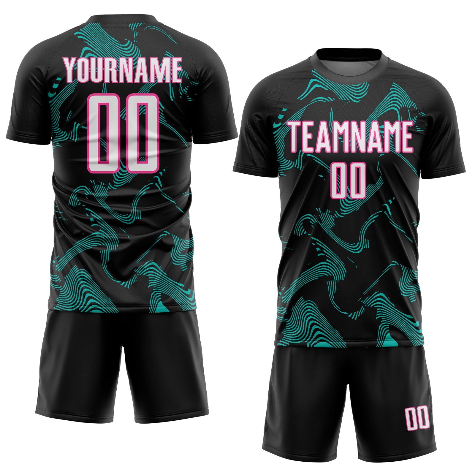 Custom Black White Aqua-Pink Curve Lines Sports Sublimation Soccer Uniform Jersey