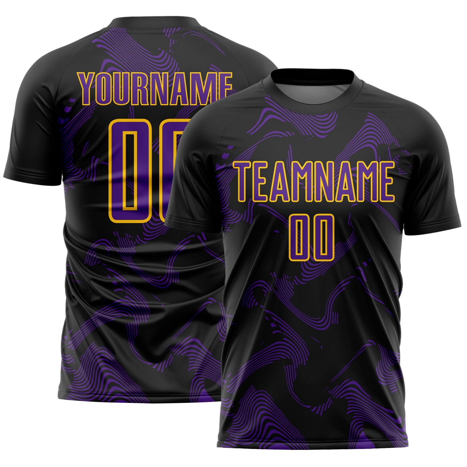 Custom Black Purple-Yellow Curve Lines Sports Sublimation Soccer Uniform Jersey