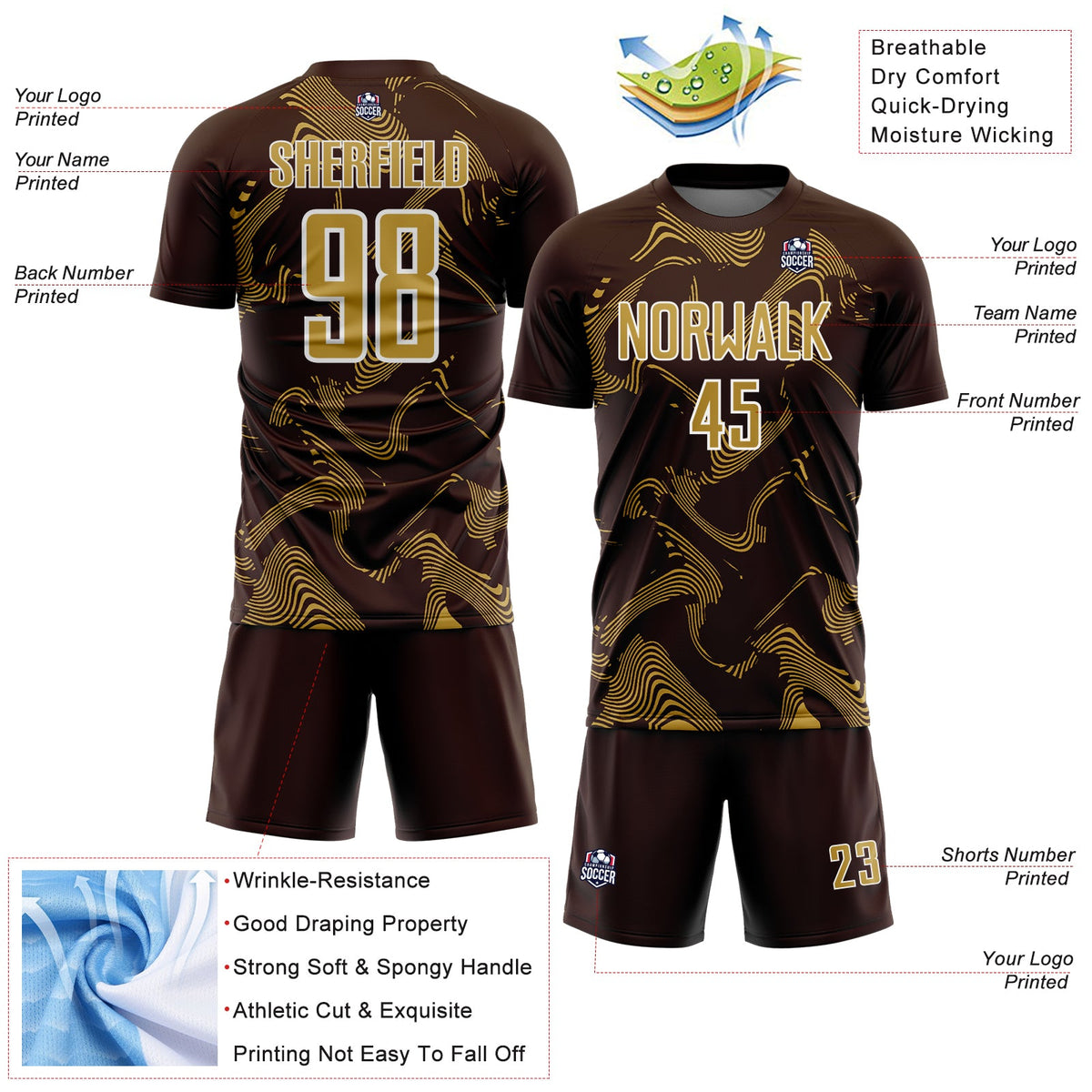 Custom Brown Old Gold-White Curve Lines Sports Sublimation Soccer Uniform Jersey