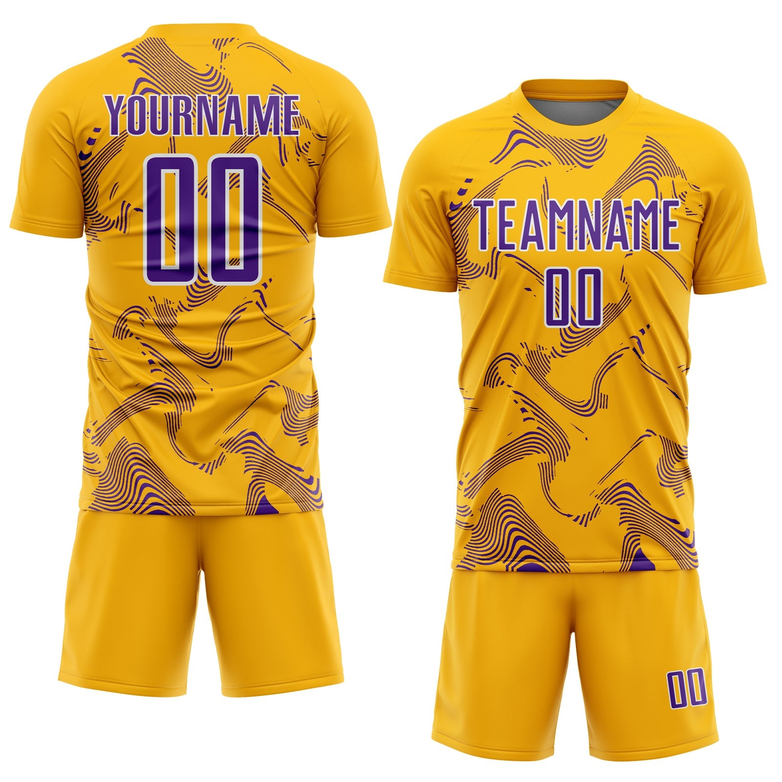 Custom Gold Purple-White Curve Lines Sports Sublimation Soccer Uniform Jersey