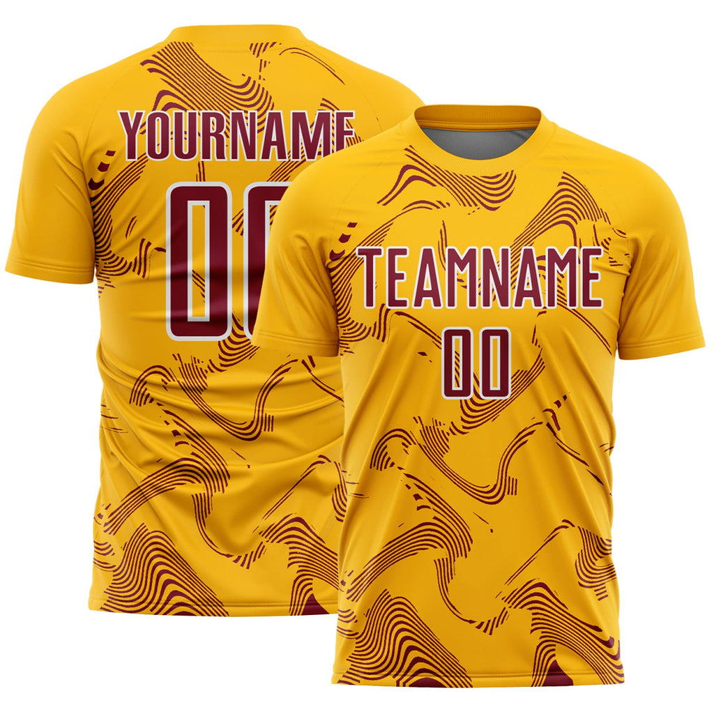 Custom Gold Crimson-White Curve Lines Sports Sublimation Soccer Uniform Jersey