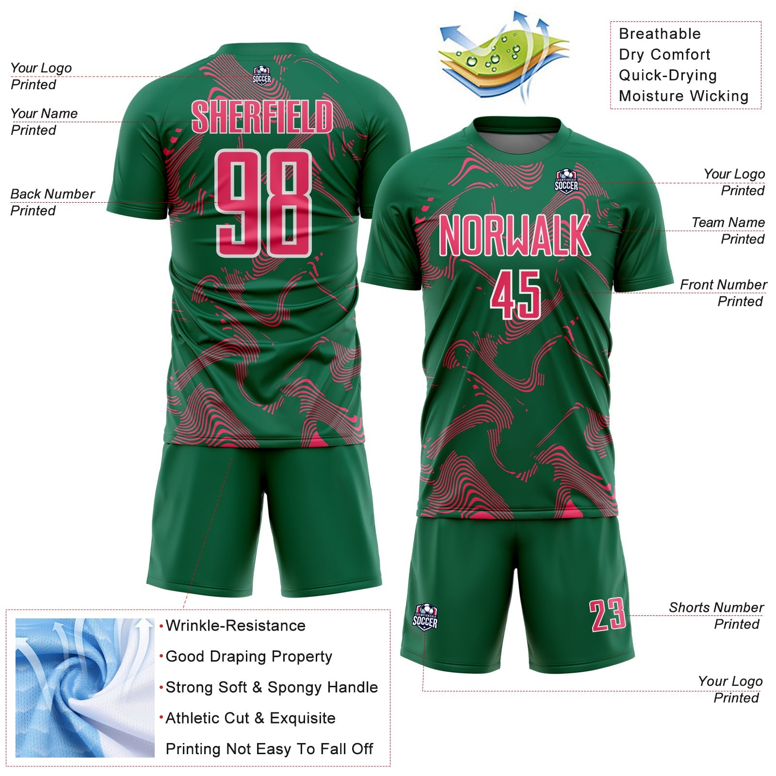 Custom Kelly Green Neon Pink-White Curve Lines Sports Sublimation Soccer Uniform Jersey