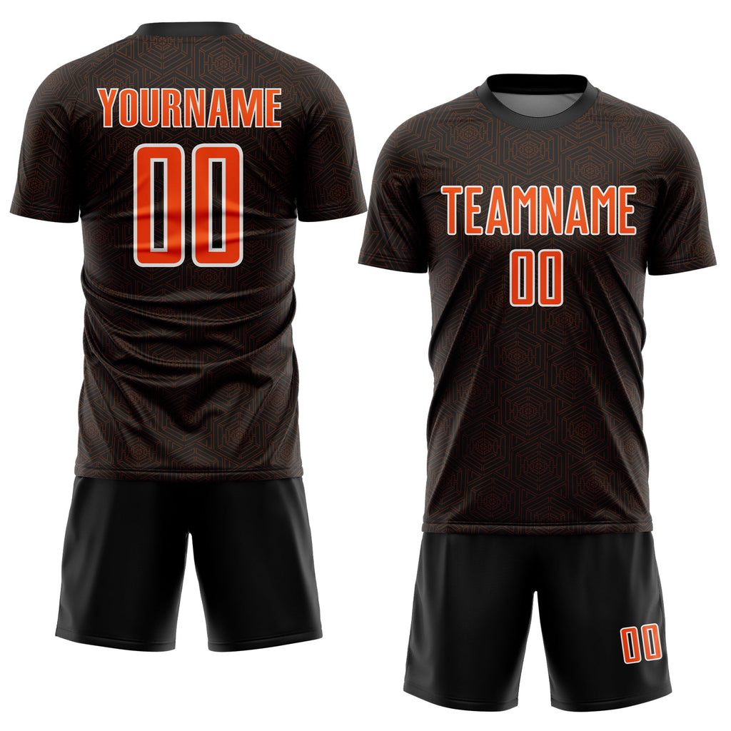Custom Black Orange-White Geometric Shape Sports Sublimation Soccer Uniform Jersey