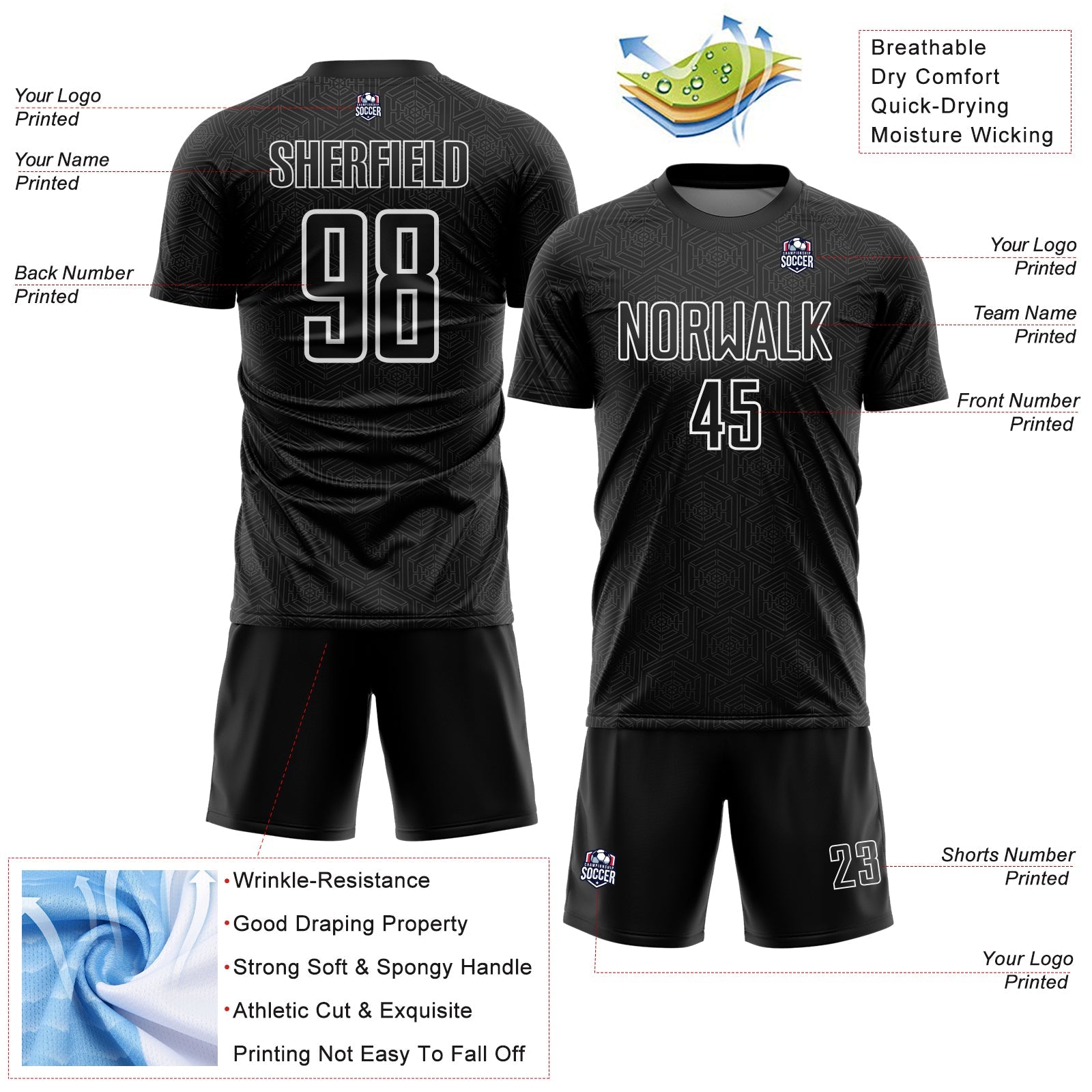 Custom Black White Geometric Shape Sports Sublimation Soccer Uniform Jersey