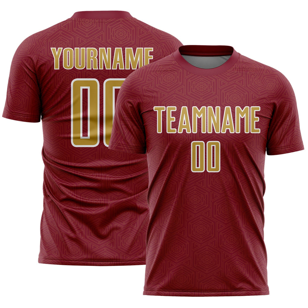 Custom Crimson Old Gold-White Geometric Shape Sports Sublimation Soccer Uniform Jersey