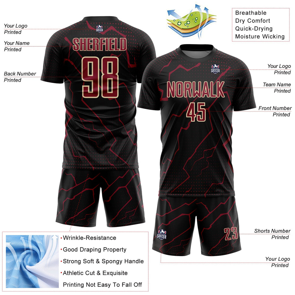 Custom Black Crimson-Cream Lightning Sports Sublimation Soccer Uniform Jersey