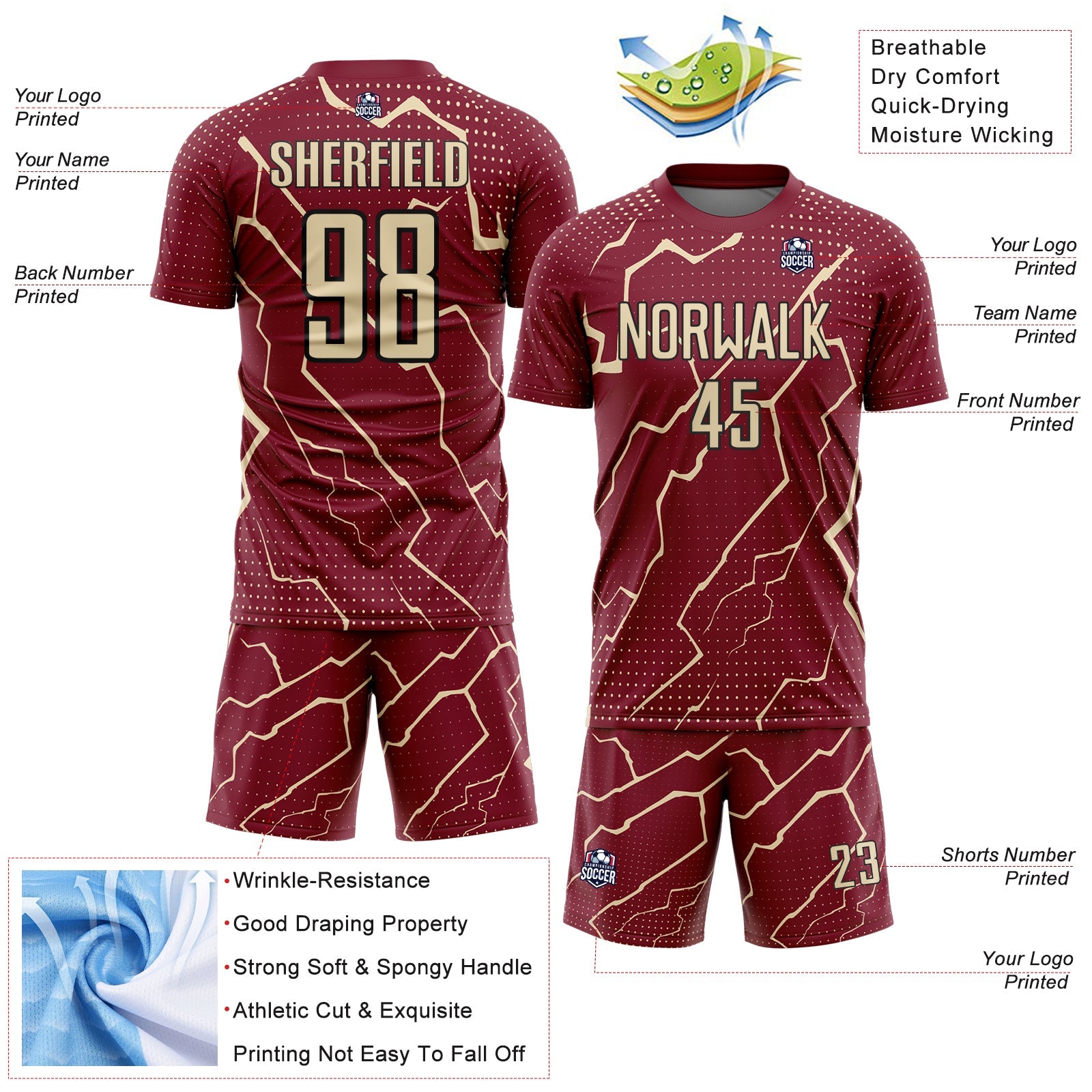 Custom Crimson Cream-Black Lightning Sports Sublimation Soccer Uniform Jersey