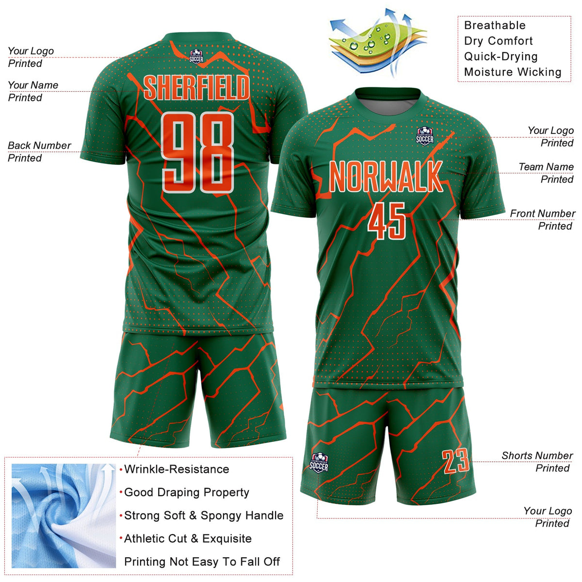 Custom Kelly Green Orange-White Lightning Sports Sublimation Soccer Uniform Jersey