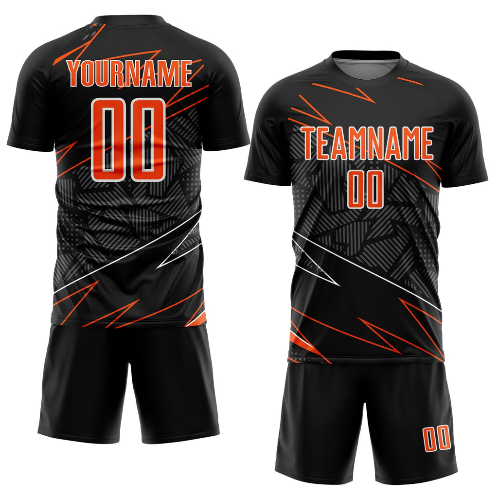Custom Black Orange-White Lines Sports Sublimation Soccer Uniform Jersey