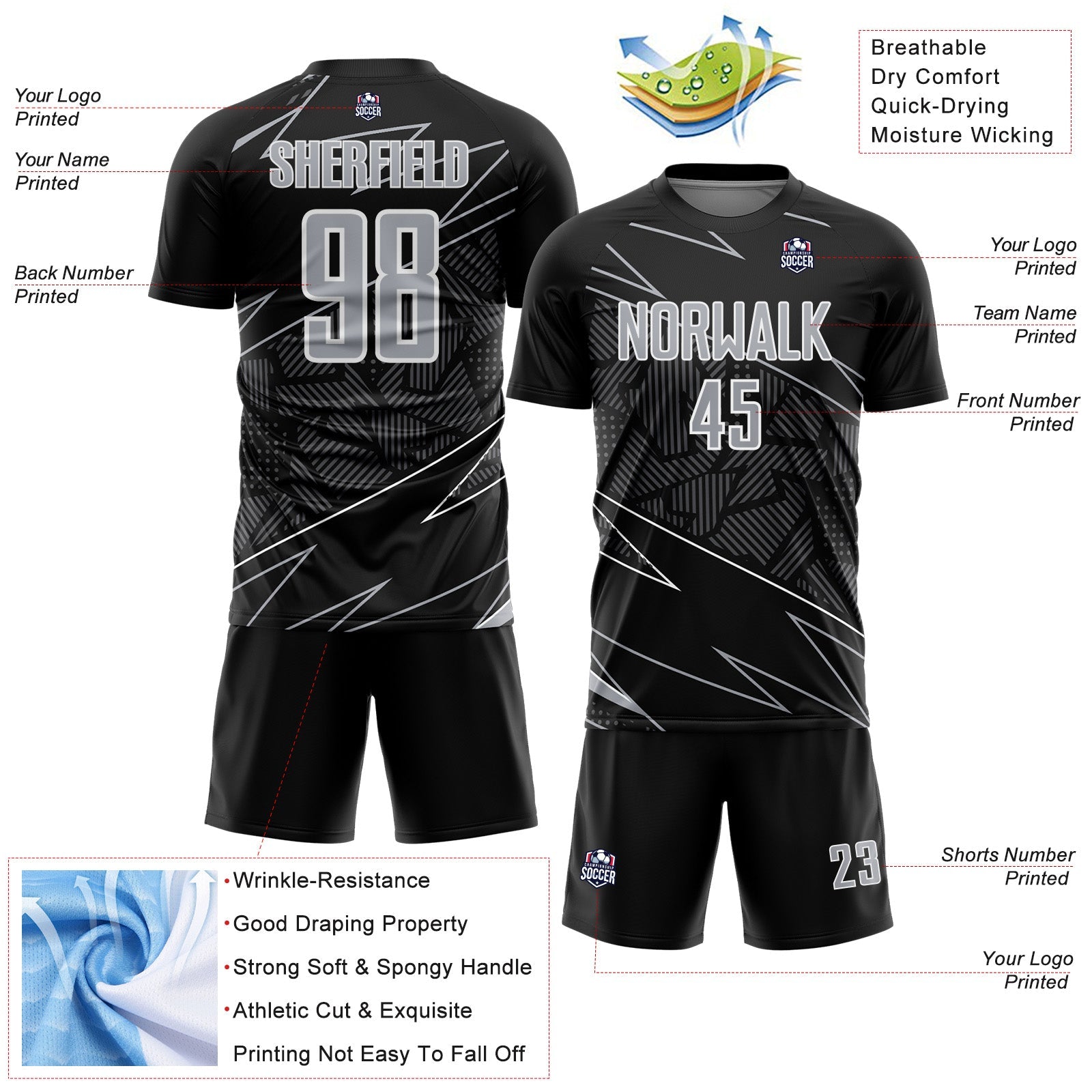 Custom Black Gray-White Lines Sports Sublimation Soccer Uniform Jersey