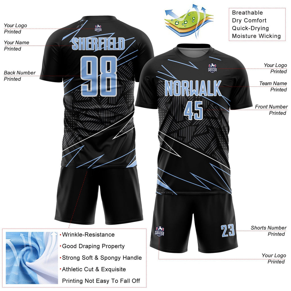 Custom Black Light Blue-White Lines Sports Sublimation Soccer Uniform Jersey