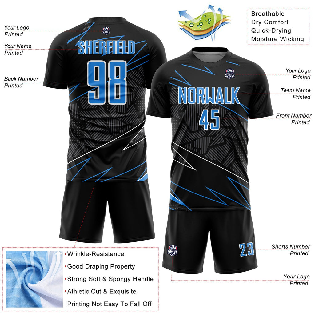Custom Black Powder Blue-White Lines Sports Sublimation Soccer Uniform Jersey