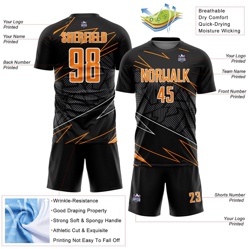 Custom Black Bay Orange-White Lines Sports Sublimation Soccer Uniform Jersey