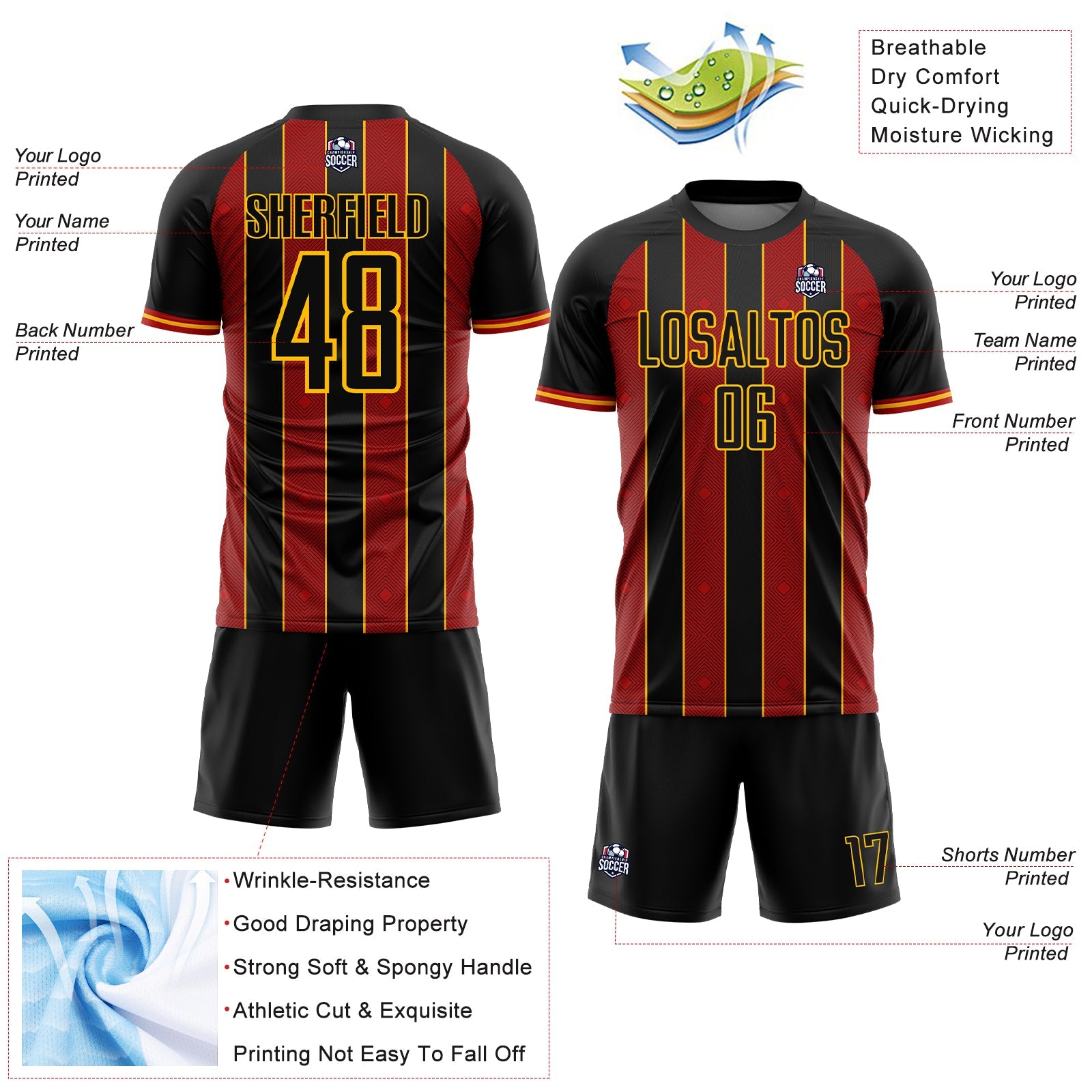 Custom Black Red-Gold Pinstripe Line Sports Sublimation Soccer Uniform Jersey