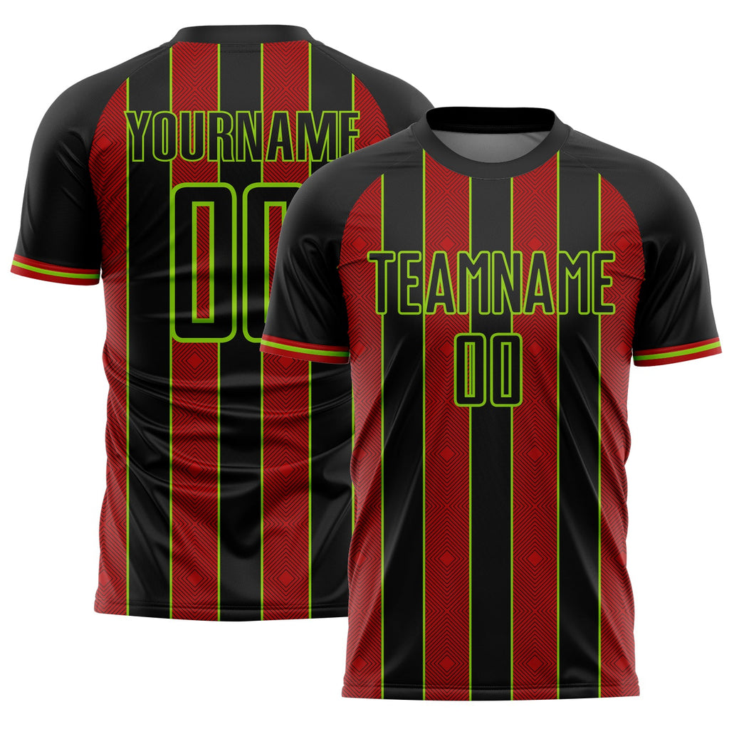 Custom Black Red-Neon Green Pinstripe Line Sports Sublimation Soccer Uniform Jersey