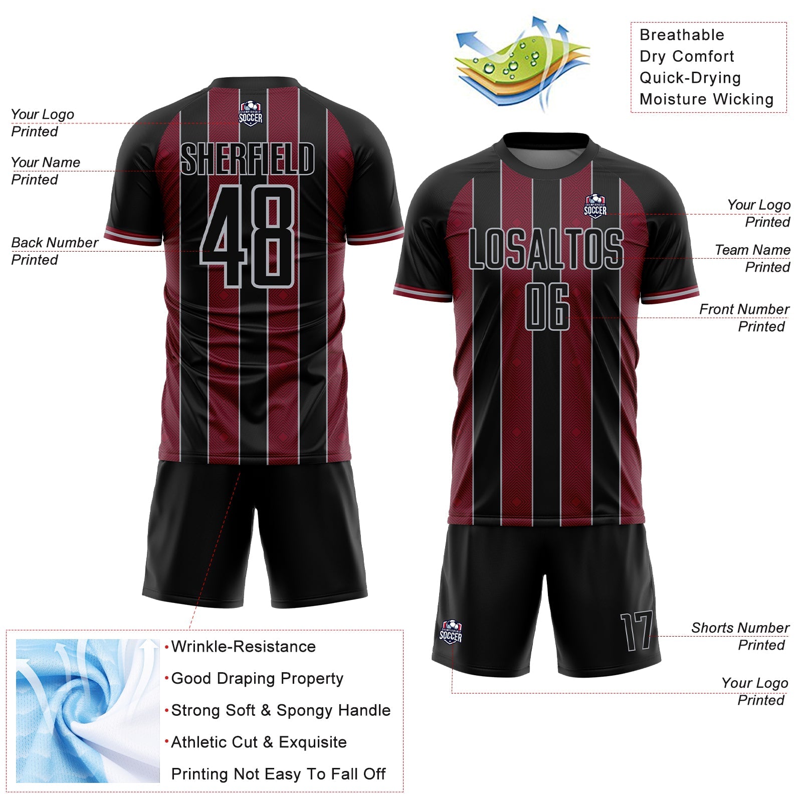 Custom Black Crimson-Gray Pinstripe Line Sports Sublimation Soccer Uniform Jersey