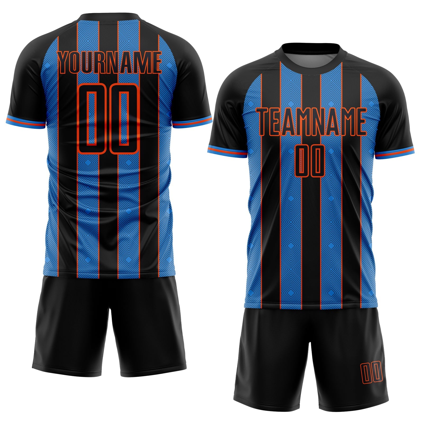 Custom Black Powder Blue-Orange Pinstripe Line Sports Sublimation Soccer Uniform Jersey