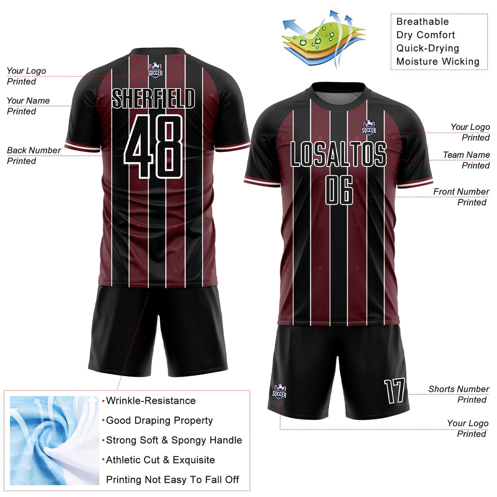 Custom Black Burgundy-White Pinstripe Line Sports Sublimation Soccer Uniform Jersey