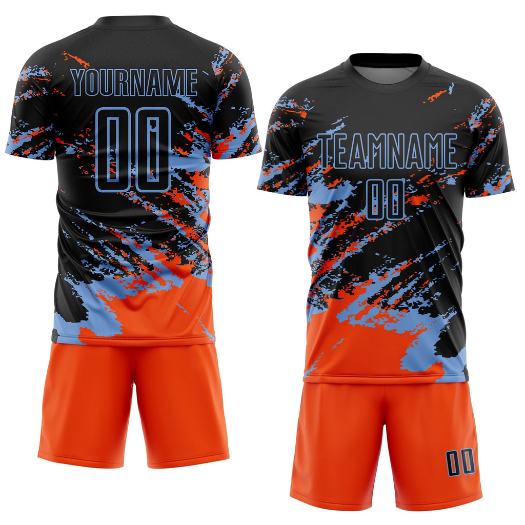 Custom Black Orange-Powder Blue Abstract Fragment Art Splash Sports Sublimation Soccer Uniform Jersey