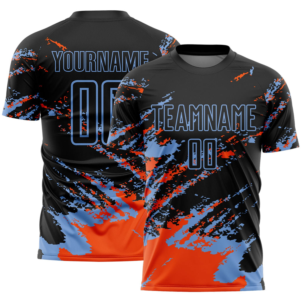 Custom Black Orange-Powder Blue Abstract Fragment Art Splash Sports Sublimation Soccer Uniform Jersey