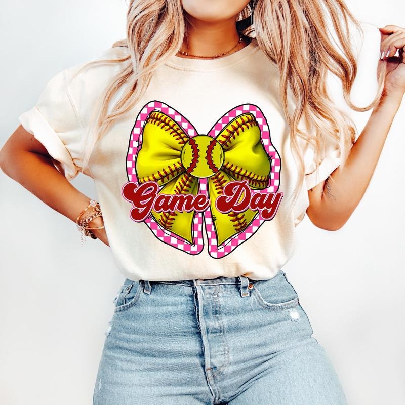 Softball Game Day Coquette Retro Softball Checkered Softball Bow Softball Mama Softball Mom Baseball T-Shirts