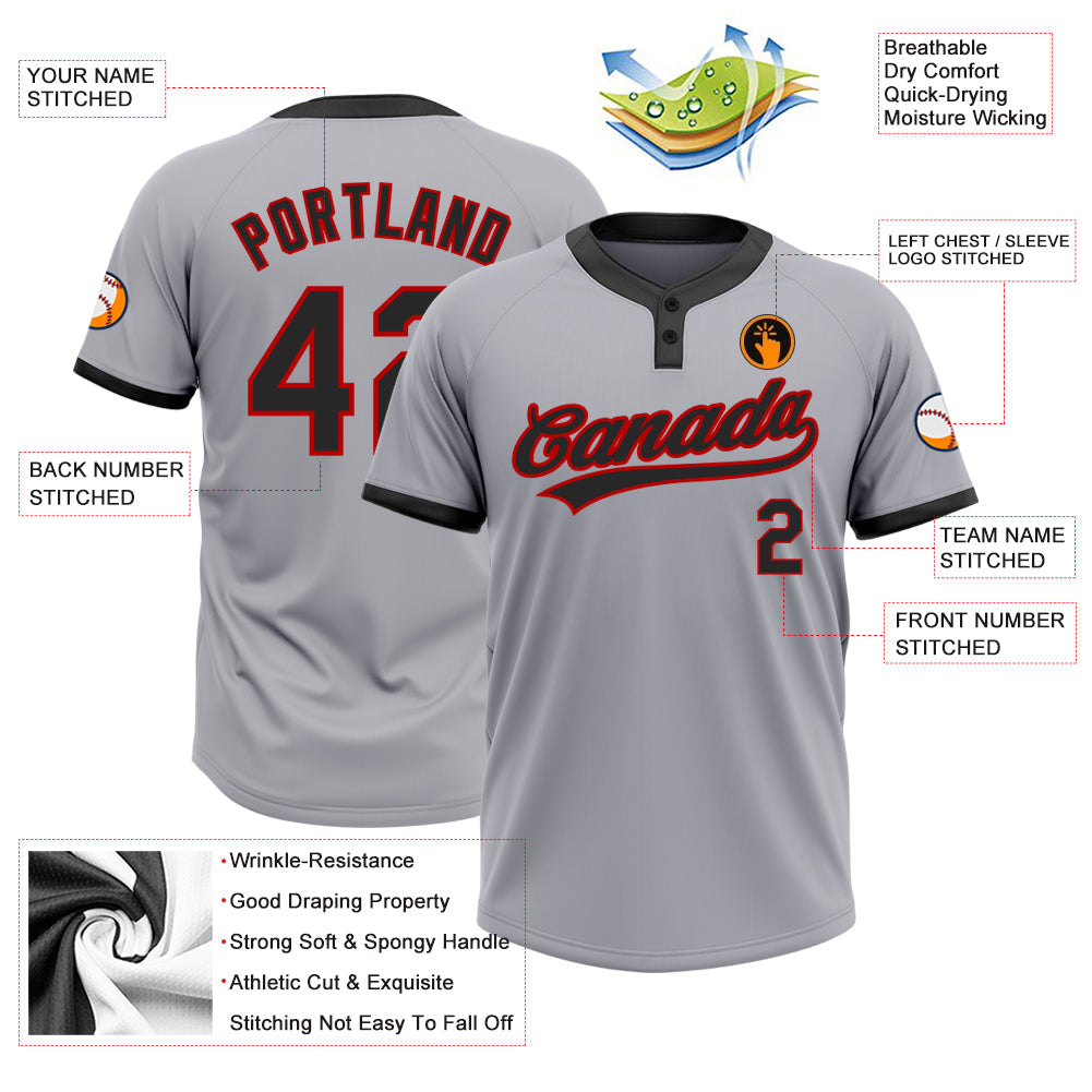 Custom Gray Black-Red Two-Button Unisex Softball Jersey