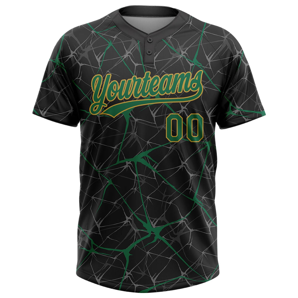 Custom Black Kelly Green-Old Gold 3D Pattern Abstract Network Two-Button Unisex Softball Jersey