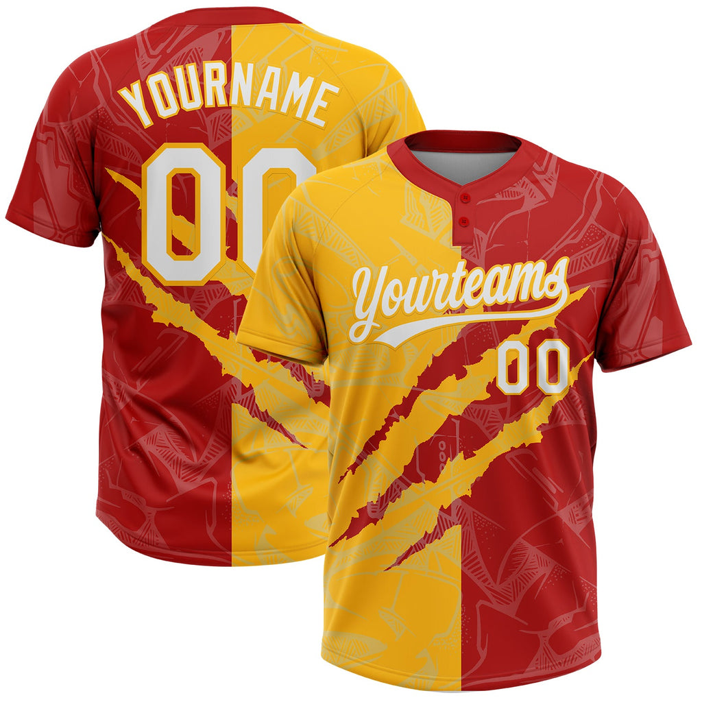 Custom Graffiti Pattern White Red-Gold 3D Scratch Two-Button Unisex Softball Jersey