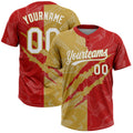 Custom Graffiti Pattern White Red-Old Gold 3D Scratch Two-Button Unisex Softball Jersey