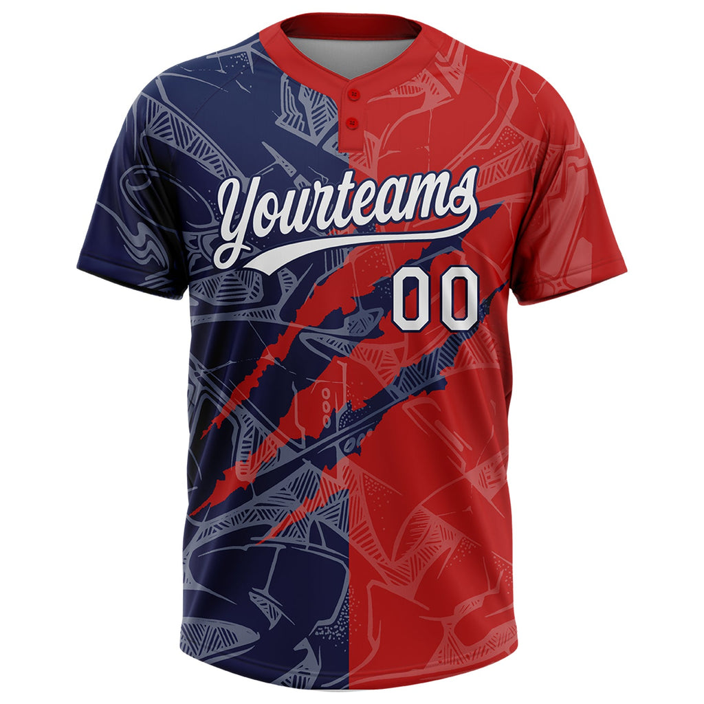 Custom Graffiti Pattern White Red-Navy 3D Scratch Two-Button Unisex Softball Jersey