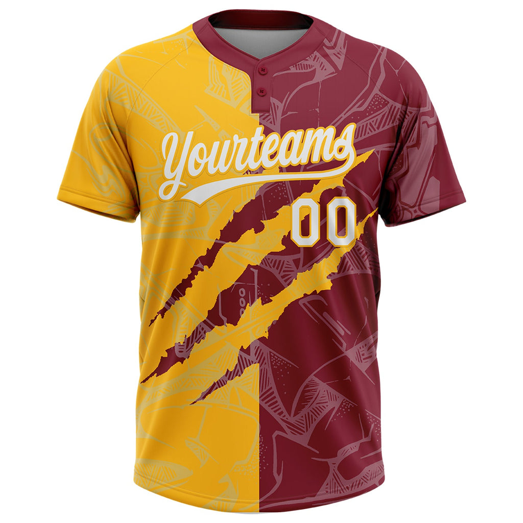 Custom Graffiti Pattern White Crimson-Gold 3D Scratch Two-Button Unisex Softball Jersey