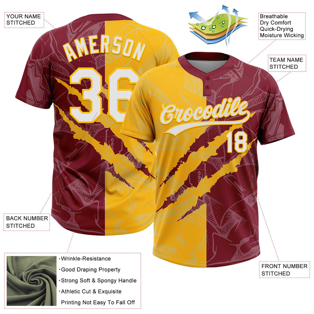 Custom Graffiti Pattern White Crimson-Gold 3D Scratch Two-Button Unisex Softball Jersey