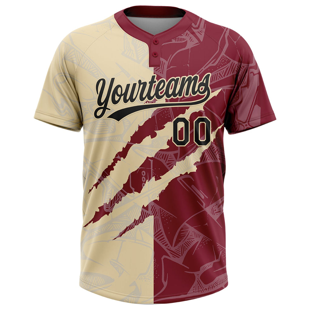 Custom Graffiti Pattern Black Crimson-Cream 3D Scratch Two-Button Unisex Softball Jersey