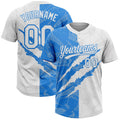 Custom Graffiti Pattern White-Electric Blue 3D Scratch Two-Button Unisex Softball Jersey