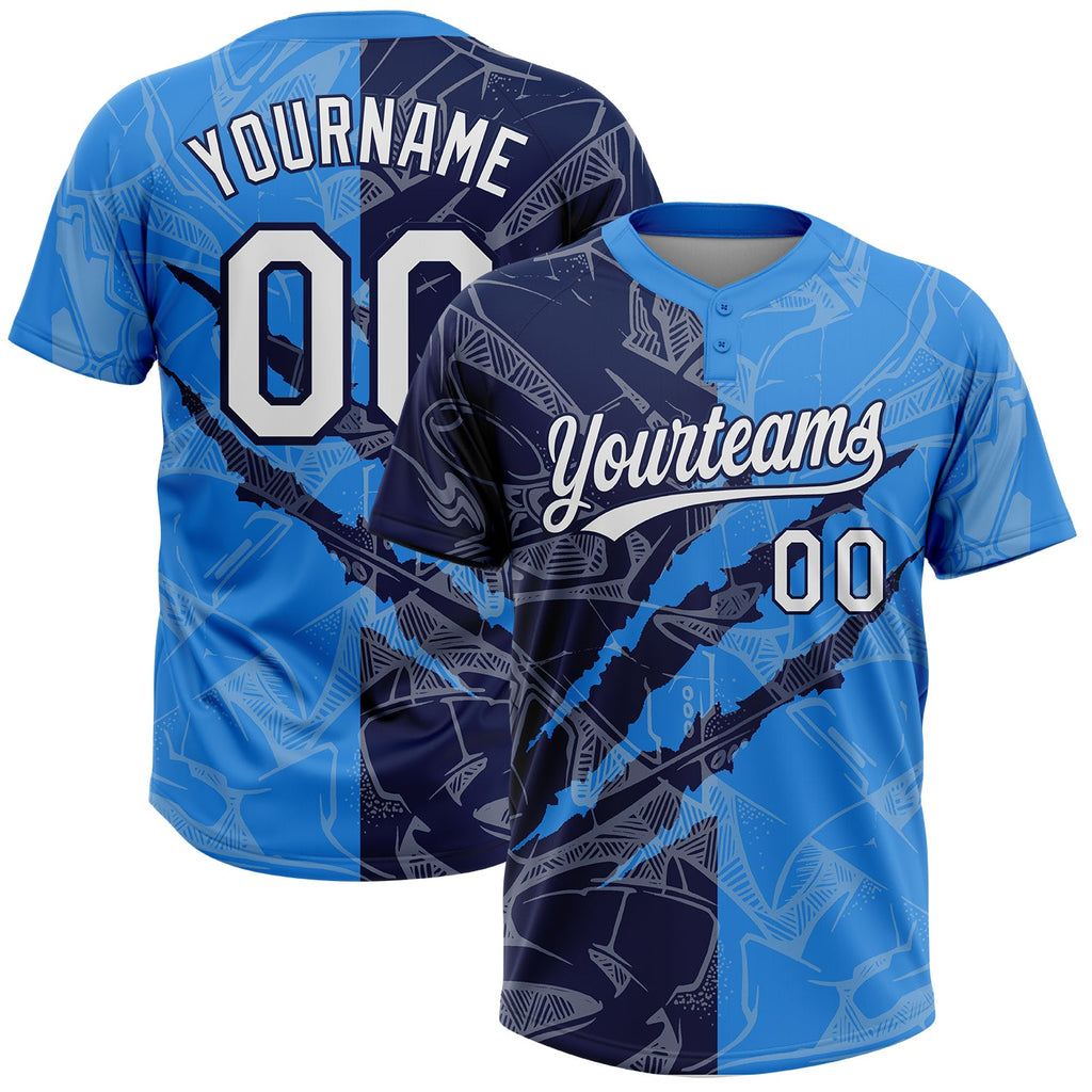 Custom Graffiti Pattern White Electric Blue-Navy 3D Scratch Two-Button Unisex Softball Jersey