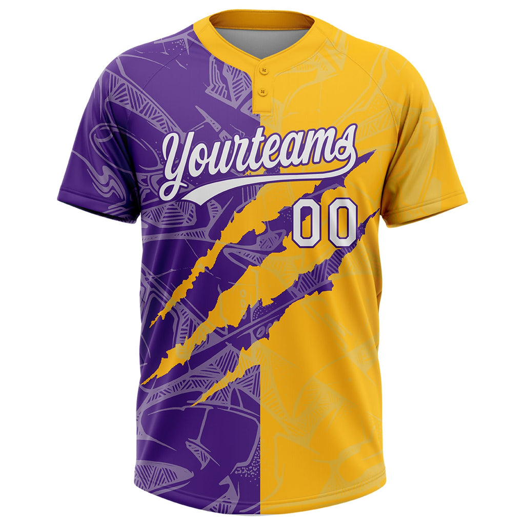 Custom Graffiti Pattern White Gold-Purple 3D Scratch Two-Button Unisex Softball Jersey