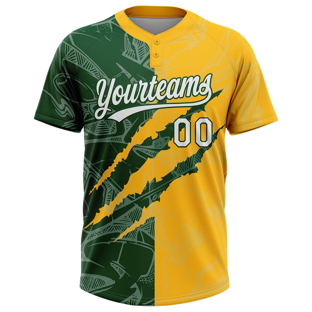 Custom Graffiti Pattern White Gold-Green 3D Scratch Two-Button Unisex Softball Jersey
