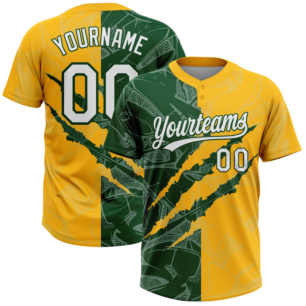 Custom Graffiti Pattern White Gold-Green 3D Scratch Two-Button Unisex Softball Jersey