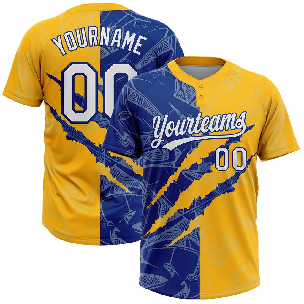 Custom Graffiti Pattern White Gold-Royal 3D Scratch Two-Button Unisex Softball Jersey