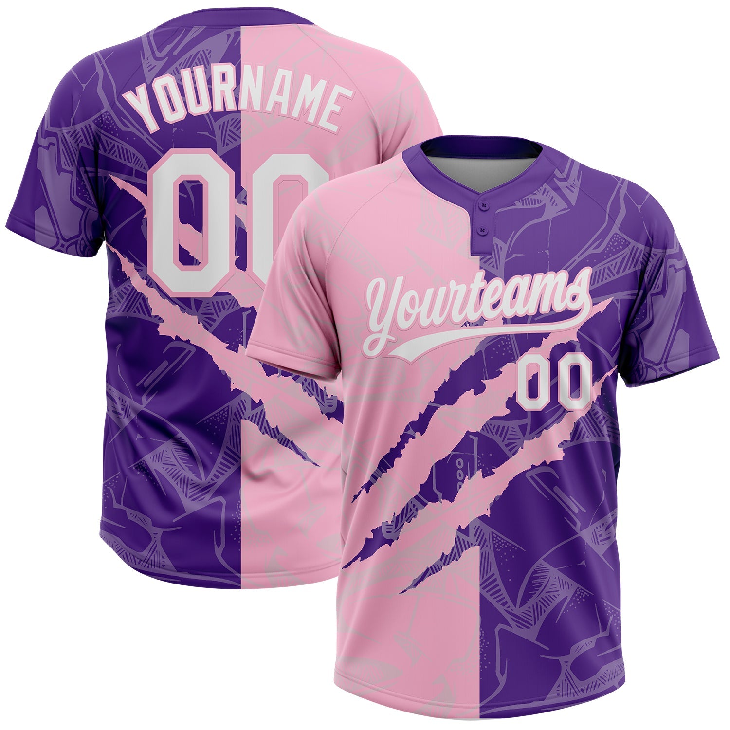 Custom Graffiti Pattern White Purple-Light Pink 3D Scratch Two-Button Unisex Softball Jersey