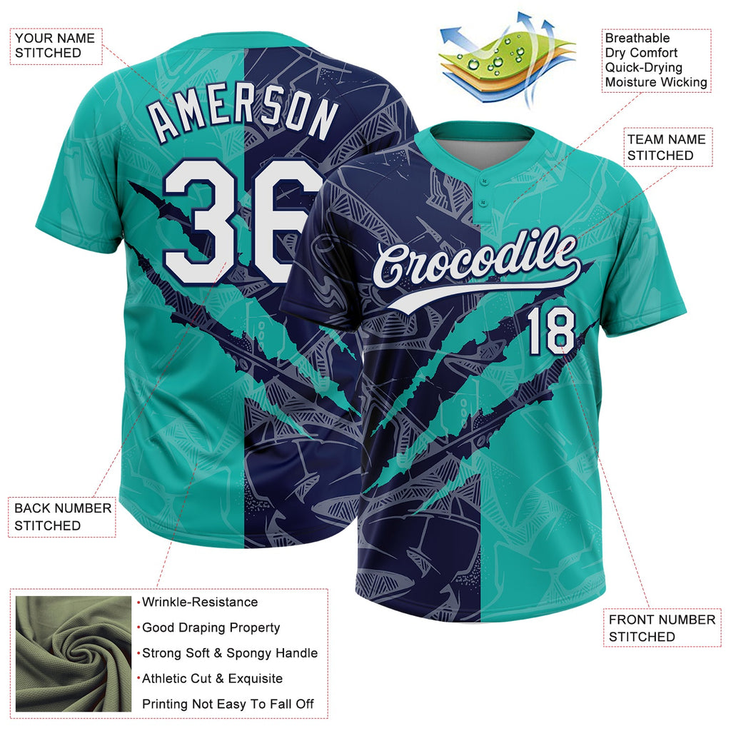 Custom Graffiti Pattern White Aqua-Navy 3D Scratch Two-Button Unisex Softball Jersey