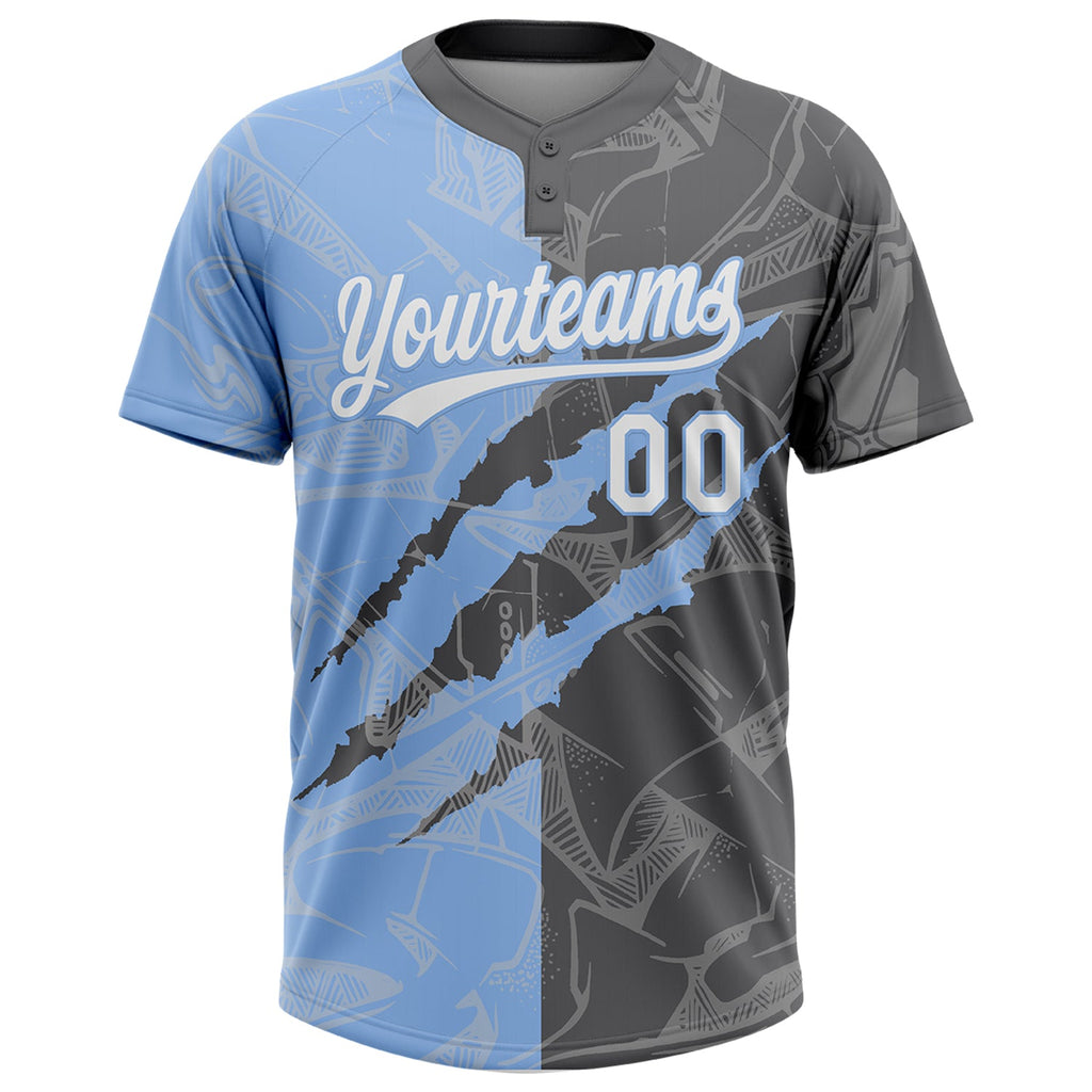 Custom Graffiti Pattern White Steel Gray-Light Blue 3D Scratch Two-Button Unisex Softball Jersey