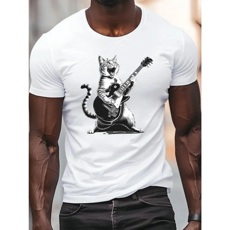 Cat Rock Electric Guitar Print Short Sleeved Casual Comfy Versatile Top Everyday Spring Summer Made USA T-Shirts