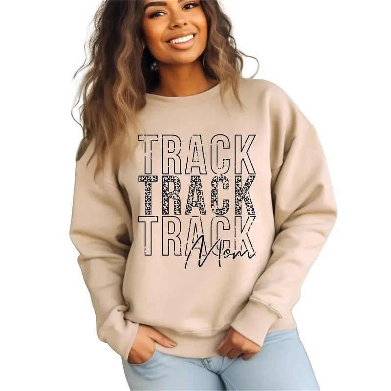 Track Mom Letter Print Sports Mom Track Mom Shirt Leopard Print Round Neck Track Field Mom Her Fit Womenswear Fabric Fleece Knit Spandex T-Shirts