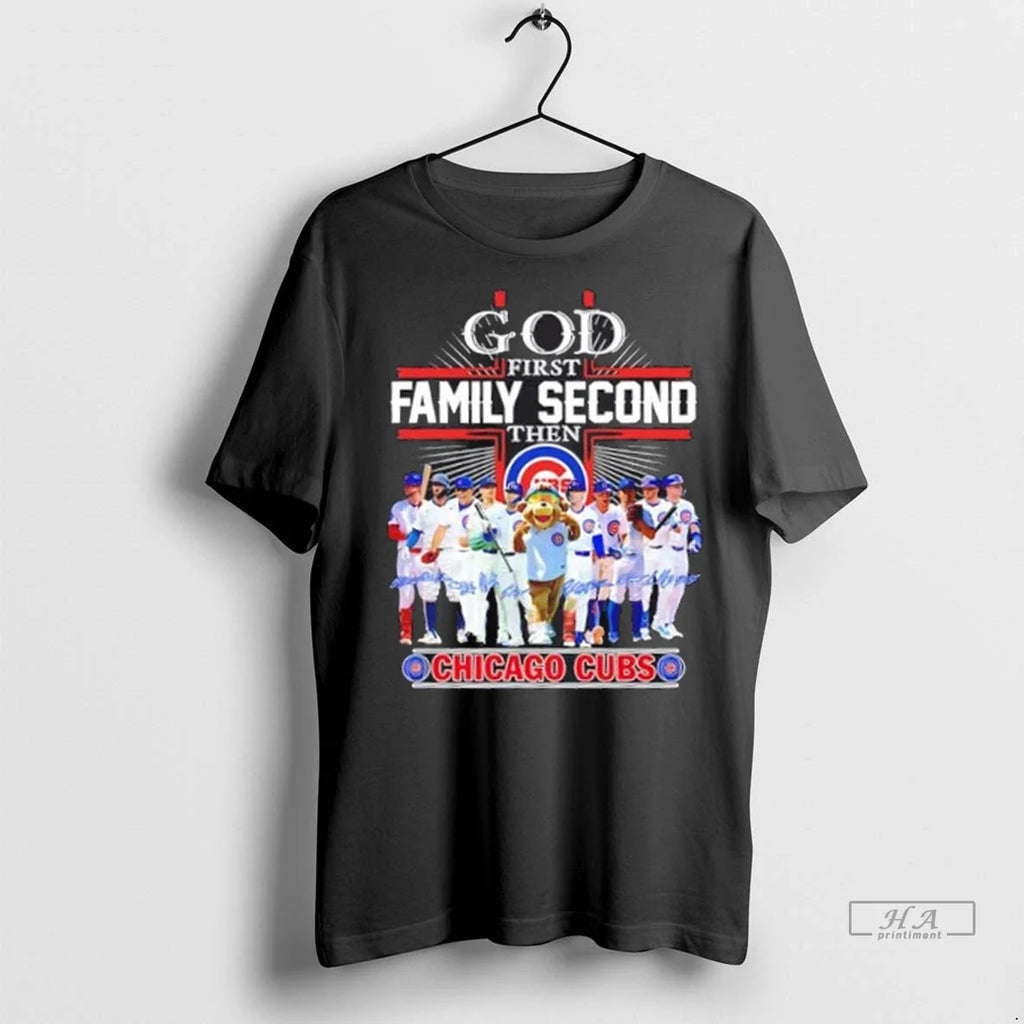 Trendy God First Family Second Then Chicago Cubs Baseball Mascot And Players Shirt Sweater